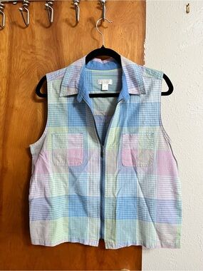 Sleeveless Pastel Plaid Zip-Front Shirt - Multi